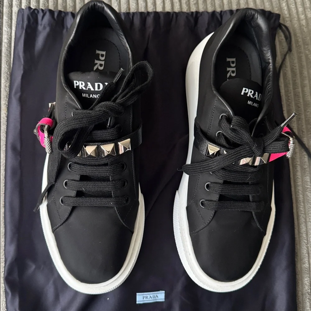 New 💯 Authentic Prada sneakers black white pink studded size 40